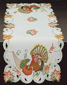 PRICES MAY VARY. 100% Polyester Fabric Turkey Table Runner 15x34" rectangular 1 piece, plz search B07YJ86FX1 for large tablecloth & napkin Ivory satin fabric with embroidery of turkey,pumpkin,gourd,sunflower,maple leaf,cornucopia,daisy. Matching festive placemat,table runner,center-piece,topper,large tablecloths,napkins also available Great for special occasions,events,parties, family gatherings, everyday use during Autumn season Perfect gift for Halloween, Thanksgiving, Fall Winter weddings, Ho Turkey Table, Thanksgiving Tablecloth, Pumpkin Table Runner, Thanksgiving Table Runner, Turkey Pumpkin, Dresser Scarf, Fall Table Runners, Harvest Thanksgiving, Autumn Table