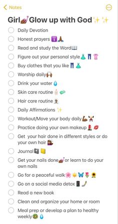 a list with the words girl glow up with god and other things to do on it