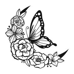 a black and white drawing of a butterfly with flowers