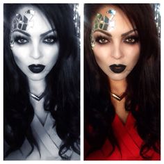 two pictures of women with makeup and make - up on their faces, one in black and the other in white