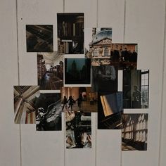 a bunch of pictures hanging on the side of a white wall with some people in it