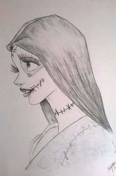 a pencil drawing of a girl with makeup on her face and skull headdress