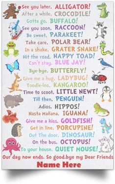 a poster with different types of animals and words on it's front cover, which reads