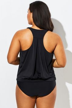 Black Racerback Tummy Control Blouson Tankini Set - Meet.Curve - Meet.Curve Black Stretch Swimwear With Solid Back, Black Racerback Top With Built-in Bra, Black Tankini With Moderate Back Coverage For Summer, Black Racerback Yoga Top, Black T-back Tank Top With Built-in Bra, Black T-back Workout Tops, Black Scoop Neck Swimwear For Sports, Black Scoop Neck Sports Swimwear, Black T-back Tank Top For Yoga