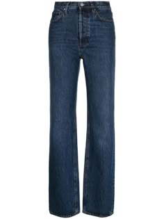 Classic Cut straight-leg jeans from TOTEME featuring indigo blue, cotton, high waist, belt loops, button fly fastening, classic five pockets and straight leg. Dark Wash Straight Leg Jeans, Blue Straight Jeans, Everyday Uniform, Indigo Jeans, Straight Cut Jeans, Dark Blue Jeans, Looks Chic, Dark Wash Jeans, Washed Jeans