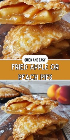 three different pictures with the words fried apple or peach pies on top and bottom