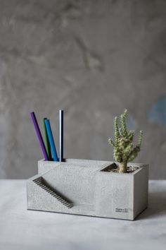 a concrete pen holder holds pens and a cactus