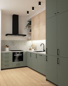 Cuisine verte et bois moderne Island Kitchens, Kitchens Ideas, Desain Pantry, Decorating Kitchen, Organization Kitchen, Backsplash Kitchen, Inspiration Kitchen