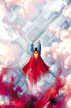 superman flying through the sky with his hands up in the air and clouds around him