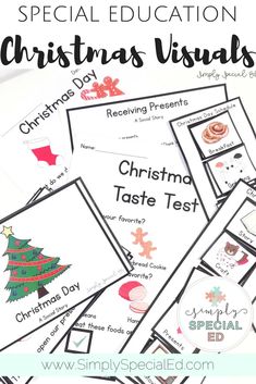 christmas visual worksheets for special education with text overlay that reads special education christmas visual