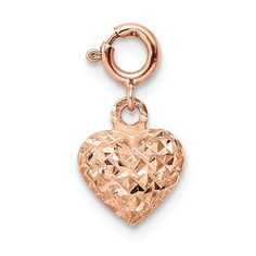 14k rose gold diamond-cut heart with spring ring charm pendant. Measures approximately 9/16"L x 5/16"W and has a 0.99mm bail. Rose Gold Charms Jewelry For Valentine's Day, Rose Gold Heart Charms For Valentine's Day, Rose Gold Heart Pendant Jewelry With Diamond Cut, Heart-shaped Rose Gold Charm Jewelry, Rose Gold Heart Charm For Valentine's Day, Rose Gold Heart Charm, Valentine's Day Rose Gold Heart Charm, Rose Gold Charms For Valentine's Day, Tanzanite Jewelry