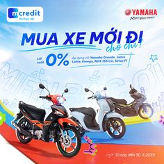 two motorcycles are shown in front of an advertisement for the new yamaha xe moped club