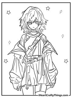 an anime character in black and white with stars on the background, coloring pages for kids