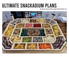 the ultimate snack station is made out of wooden crates and filled with different types of snacks