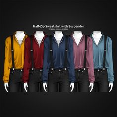 four different colored shirts and suspenders on mannequins with text that reads half - zip sweatshirt with suspender