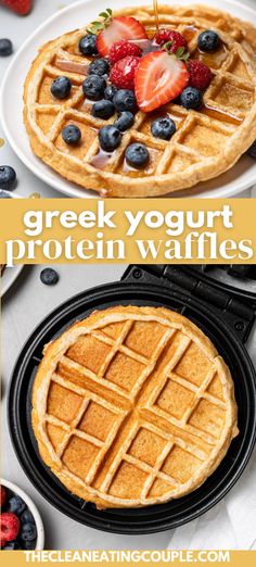 two pictures with the words greek yogurt protein waffles on them