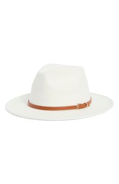 The ultimate accessory for sunny destinations, this Panama hat is elevated with a svelte buckled strap for added flair. Textile Spot clean Imported Chic Adjustable White Hat Band, Chic White Adjustable Hat Bands, Chic White Fedora With Flat Brim, Chic White Flat Brim Fedora, Elegant White Adjustable Fedora, Chic White Hat Bands With Curved Brim, Chic White Hat Bands For Spring, Elegant White Hat Bands For Vacation, Elegant Cream Travel Hat