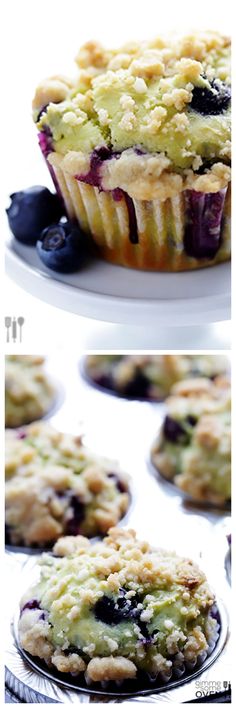 blueberry crumb muffins are on a plate and in the background is another muffin