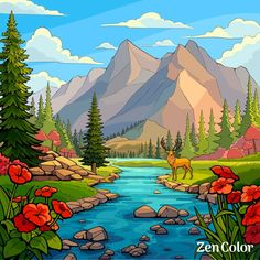 a painting of a mountain stream with flowers in the foreground and a deer on the other side