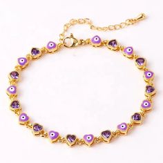 Trendy Gold Evil Eye Bracelet, Trendy Gold Heart Bracelet For Party, Gold Spiritual Bracelets For Parties, Trendy Gold Evil Eye Bracelet Gift, Gold Evil Eye Bracelet For Friendship, Gold Round Evil Eye Bracelet For Friendship, Purple Bracelet With Adjustable Chain As Gift, Metal Evil Eye Bracelet For Gift, Evil Eye Metal Bracelet Gift