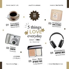 the five things i love every day with headphones, camera, and other items