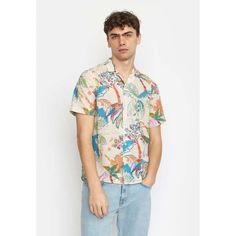 Short sleeved shirt with a cuban collar in a cotton-slub fabric with a bold tropical all-over print.    100% organic cotton Easy Tiger, Black Crane, Blue Flats, Mens Button Up, Designer Clothes For Men, Pocket Bag, Engineered Garments, World Of Fashion, Fabric Material