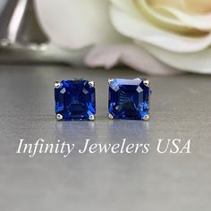 Asscher cCut Stud Earrings / Blue Sapphire Earrings / 14k White Gold / #6356 #GiftIdeasForHer #AsscherCutEarrings #LadiesGift #BirthdayGift #AnniversaryGift #MothersDayGift #UniqueSetting #StudEarrings #BridalGift #EngagementGift Blue Square Cut Sapphire Jewelry, Radiant Cut Lab-created Sapphire Jewelry, Blue Rectangular Lab-created Sapphire Jewelry, Gia Certified Sapphire Earrings For Formal Occasions, Rectangular Lab-created Sapphire Fine Jewelry, Square Cut Sapphire Jewelry For Formal Occasions, Formal Sapphire Jewelry With Square Cut, Gia Certified Emerald Cut Sapphire Jewelry, Classic Rectangular Lab-created Sapphire Jewelry