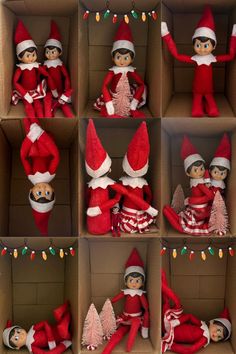 the elfs are all dressed up and ready to be put in their christmas decorations