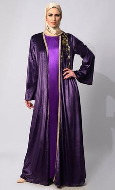 women wearing Velvet Dreams: Elegant Purple Handwork Shrug with Lining Gown With Shrug, Velvet Shrug, Eid Celebrations, Arab Fashion, Eid Collection, Leaves Pattern, The Velvet, Full Sleeves, Leaf Pattern