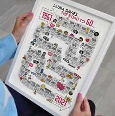 a person holding up a framed poster with the names and numbers on it