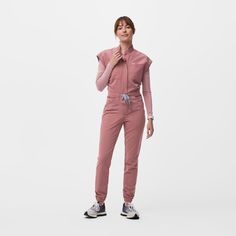 Official FIGS® Scrubs. Ridiculously Soft Scrubs Designed Just For You. Get Free Shipping On Orders $50+! | FIGS Womens Mauve Rafaela™ ScrubJumpsuit™ Fig Scrubs, Black Figs, Jazz Pants, Cargo Jumpsuit, Pink Scrubs, Burgundy Jumpsuit, Scrubs Outfit, Black Scrubs, Waterproof Pants