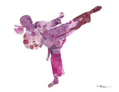 a painting of a woman doing karate moves in pink and purple watercolors on white paper