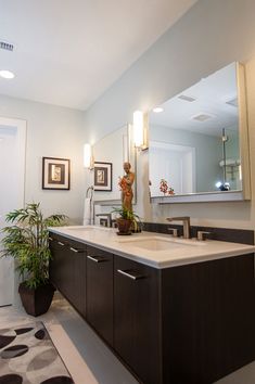 a bathroom with a sink, mirror and potted plant on the counter in front of it