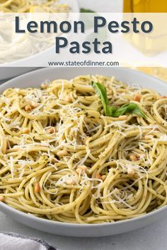 lemon pesto pasta in a white bowl