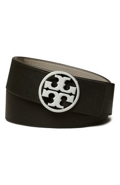 This leather belt that smartly reverses for styling versatility is branded with a gleaming buckle in the shape of the iconic double-T medallion. 1 1/2" belt width; 1 3/4" square belt buckle Leather Imported Modern Black Belt With Silver-tone Logo Plaque, Modern Black Belts With Silver-tone Logo Plaque, Modern Black Belts With Silver-tone Logo, Designer Black Belt Buckle With Silver-tone Logo, Designer Black Belt Buckles With Silver-tone Logo, Elegant Black Belt Buckles With Logo Plaque, Elegant Black Belt Buckle With Logo Plaque, Luxury Black Belt With Silver-tone Logo Plaque, Luxury Black Belt With Silver-tone Logo