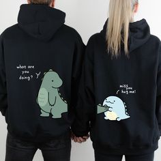 Lovely Dinosaur Matching Couple Hoodie Sweatshirt for Couple, Cute Dinosaur Matching Hoodie Gift For Couple, Matching Sweatshirt, Gift For Lovers * Price is including only 1 item * Gildan Heavy Blend    Adult Hooded Sweatshirt * 8-ounce, 50/50 cotton/poly * Double-needle stitching at waistband and cuffs * Double-lined hood with dyed-to-match drawcord * 1x1 rib knit cuffs and waistband with spandex * Front pouch pocket Cute Couple Hoodies, His And Hers Hoodies, Matching Hoodies For Couples, Couple Fits, Couple Cute, Matching Hoodies, Cute Couple Gifts, Cute Couple Outfits, Couples Sweatshirts