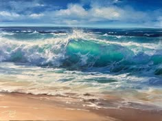 an oil painting of waves crashing on the beach