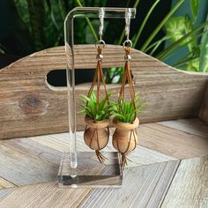 two small planters with plants in them sitting on a table