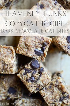 This Heavenly Hunks copycat recipe has the taste and texture similar to oatmeal chocolate chip cookie dough, but all of the wholesome goodness of a granola bar. Made with old-fashioned oats, and healthy fats, as well as sweetened with maple syrup and dark chocolate chips, these make the perfect snack or sweet treat. Heavenly Hunks Recipe, Best Granola Bars, Oat Bites, Small Cookies, Healthy Granola Bars, Granola Recipe Bars, Homemade Dessert, Chocolate Oats, Granola Bar