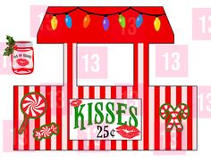 a red and white striped kiosk with candy canes next to it's sign