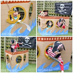 there are four pictures of a child playing in a pirate's ship play house