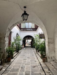 an arched walkway with potted plants on either side and a lantern hanging from the ceiling