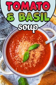 A bowl of tomato soup with a text overlay title. Vegan Low Fat, Homemade Tomato Basil Soup, Vegan Slow Cooker Recipes, Vegan Tomato Soup, Tomato Soup Easy, Vegan Slow Cooker, Make From Scratch, Cherry Tomato Pasta, Basil Soup