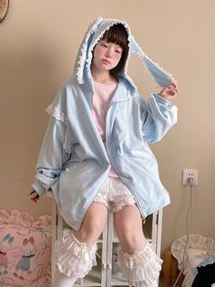 The price is for a jacket only, others are not included.  Garment Size   	 		 			Size 			Free Size 		 		 			Bust 			140 		 		 			Full Length 			70 		 		 			Sleeve Length 			43 Light Blue Hoodie For Fall, Black Bunny Ears, Black Bunny, A Jacket, Bunny Ears, Blue White And Black, Bunny Ear, Hooded Jacket, Free Size