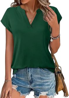 Olivia Mark - Solid Color Oversized Casual Short Sleeve Shirt Green Short Sleeve T-shirt For Work, Green Relaxed Fit V-neck Blouse, Casual Green Solid Color Shirt, Casual Solid Color Green Shirt, Casual Solid Green Shirt, Versatile Green Short Sleeve Top, Versatile Green Relaxed Fit Top, Green Short Sleeve Top For Work, Green Solid Color Workwear Shirt