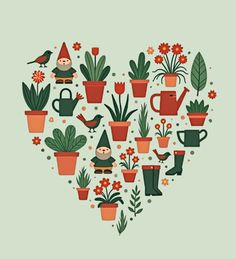 a heart shaped planter filled with potted plants and gnome's hats on green background