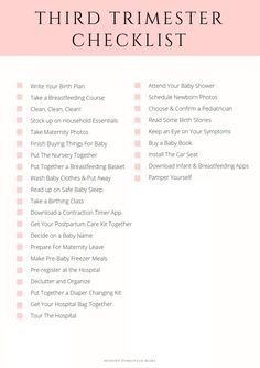 a pink and white checklist with the words, second trimester checklist