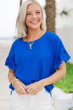 shop the mint, boutique clothing for women, trendy online boutique Ruffled Sleeves, Find You, Linen Top, Linen Fabric, Round Neckline, So Cute, Royal Blue, Fabric, How To Wear