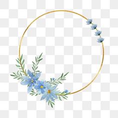 blue flowers and leaves in a gold circle frame png