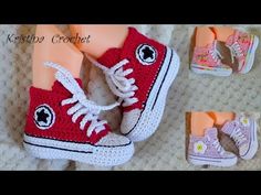 crocheted converse sneakers are shown on the bed